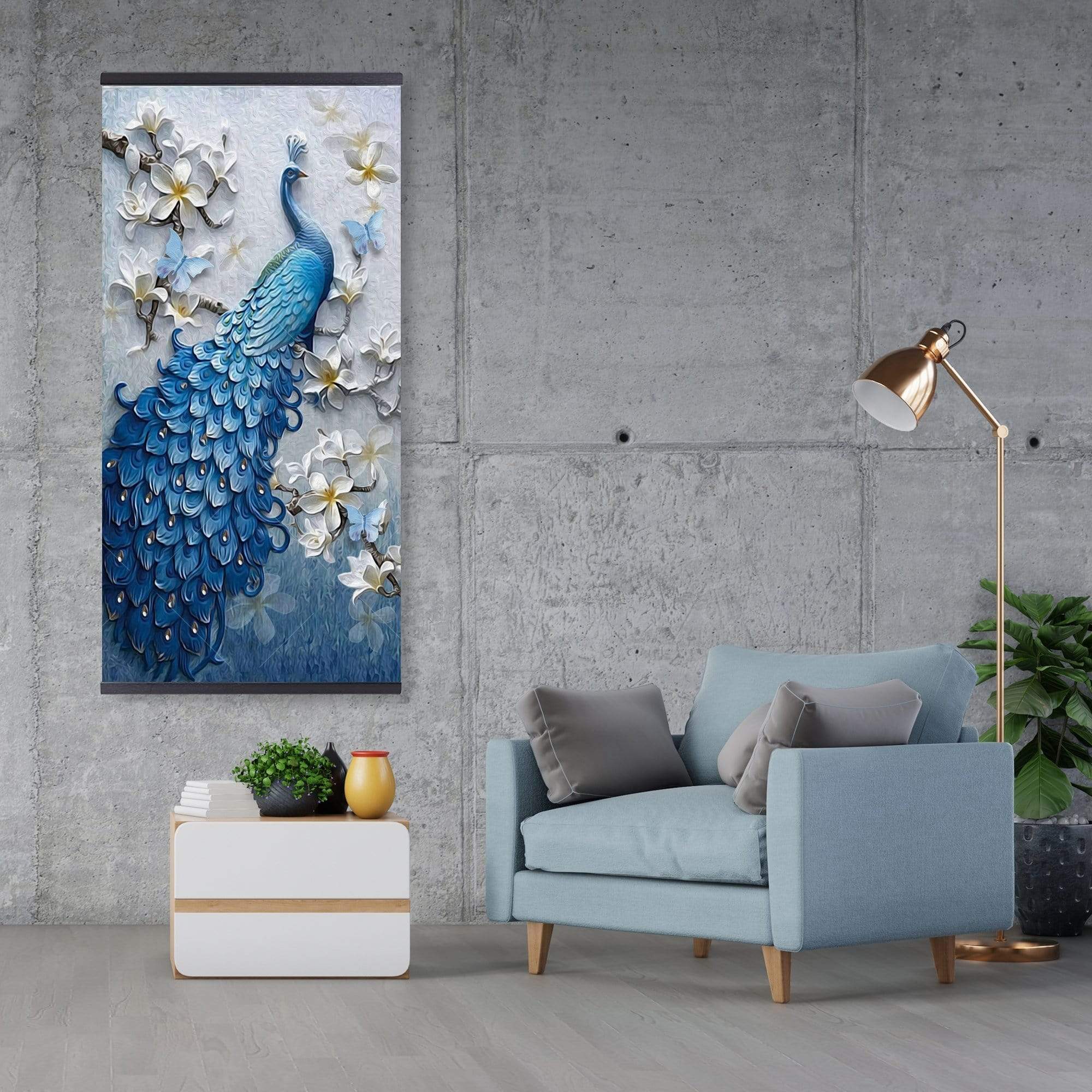 Blue Peacock Flower Set - Vertical - Wooden Magnetic Frame