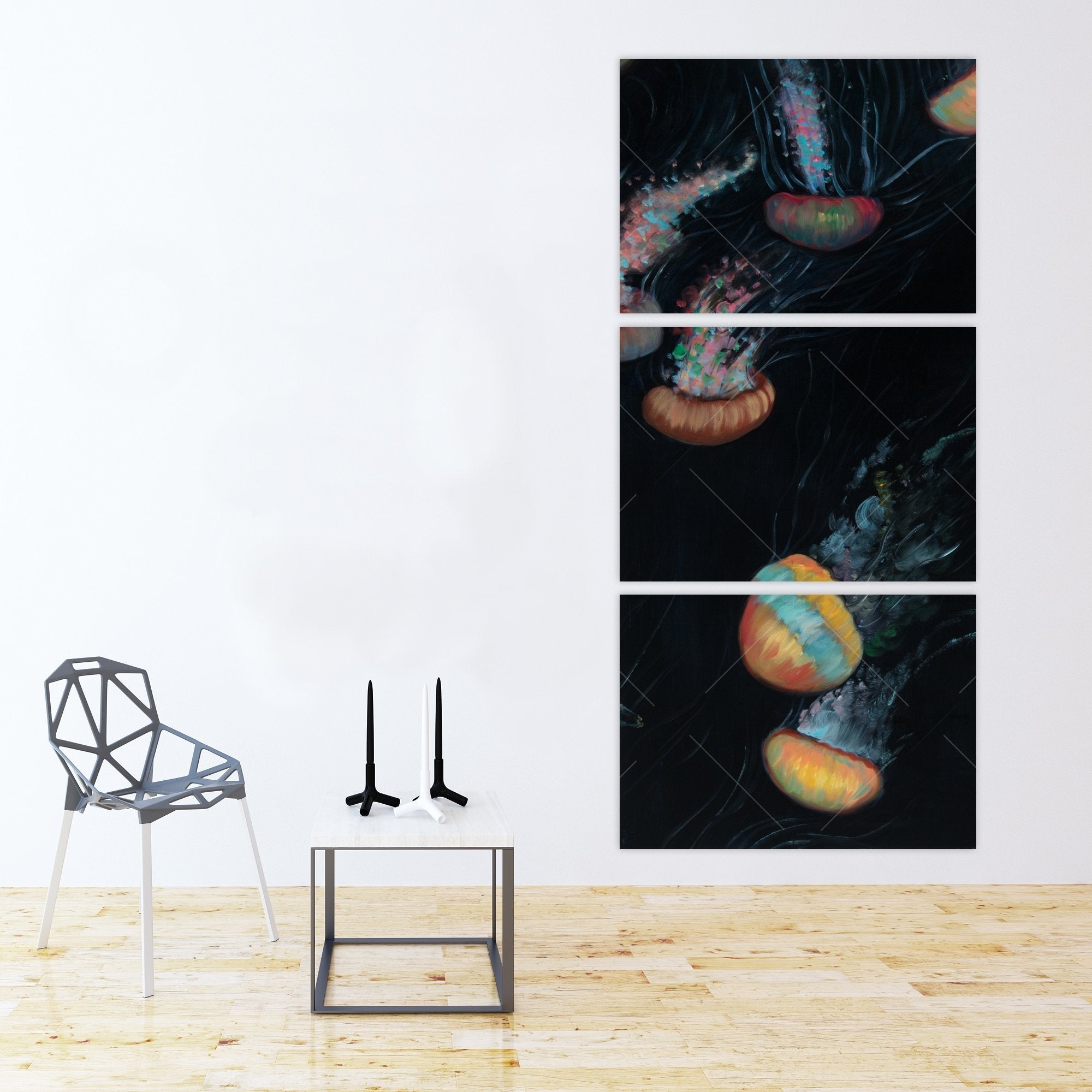 Colorful Jellyfishes Swimming In The Dark